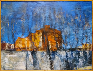 Casa sul lago - olio su tela, 40x20